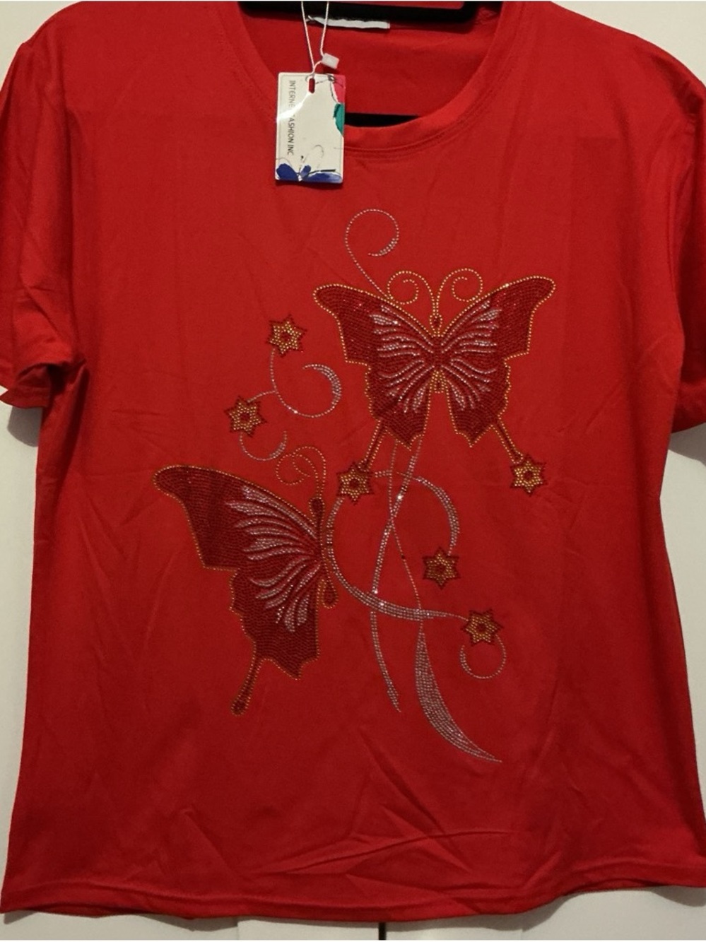 Women's Red Short-Sleeve Butterfly Embellished Tee